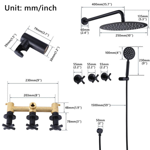 Diagram of Three-Handle Wall Mounted Shower System With High Pressure 10-Inch Rain Shower Head And Handheld Sprayer, including dimensions.