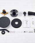 All-In-One Matte Black Tub And Shower Kit With 8-Inch Rain Shower Head Single-Handle Trim Tub Spout With Diverter Pressure-Balance Valve No-Brainer DIY Install For A Modern Everyday Shower Upgrade components laid out