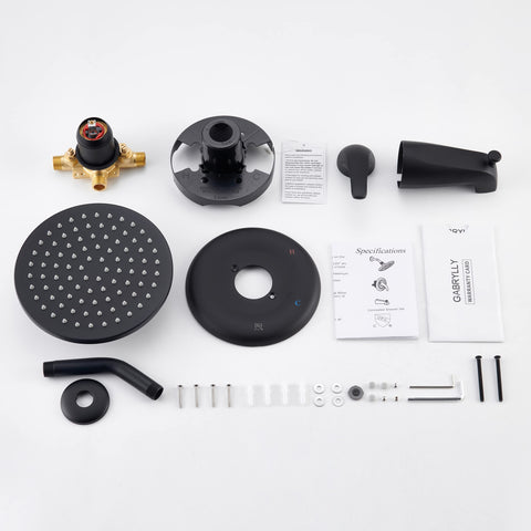 All-In-One Matte Black Tub And Shower Kit With 8-Inch Rain Shower Head Single-Handle Trim Tub Spout With Diverter Pressure-Balance Valve No-Brainer DIY Install For A Modern Everyday Shower Upgrade components laid out