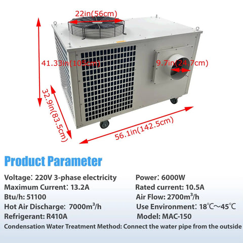 Badass 220V Three Phase Industrial Portable Air Conditioner With Crushingly Cold 51100 BTUH Cooling And Massive 6000W Airflow To Keep Warehouses Shops SweatFree Indoors dimensions and features