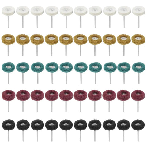 Assorted abrasive brush wheels from 140 Piece Pro Grade Mini Drill Bit Abrasive Brush Wire Buffing Wheel Set with titanium and emery grit.