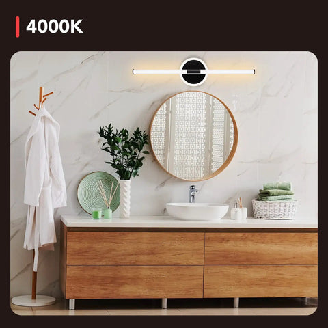 4000K setting of 24 Inch Black LED Vanity Light Bar 18W Dimmable With Color Temperature Options 3000K 4000K 5000K over mirror
