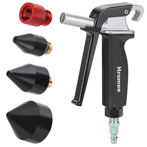 High Flow Air Blow Gun With Adjustable Trigger And One Eighth Inch Rubber Tip Set shown with attachments