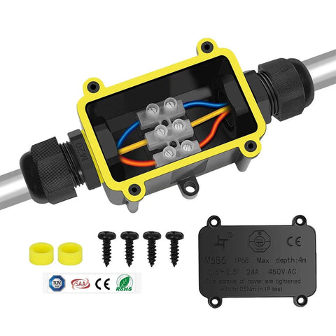 Beefy Waterproof IP68 Junction Box 2 Way M20 Connector for Outdoor Coaxial Cable 5 to 12mm with accessories shown