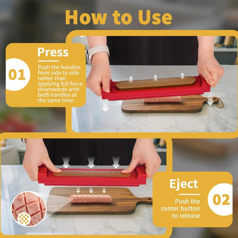 Instructions showing how to use Hot Dog Cutter Criss Cross Slicer With No Touch Release And One Touch Eject on sausage