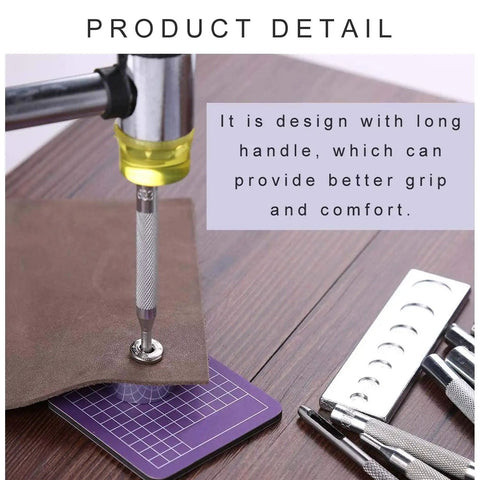 Snap Rivet Setter Kit 11 Piece Set with 7 Snap Fastener Tools demonstrating leather hole punching on table
