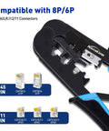 RJ45 Crimp Tool Kit For Ethernet Cabling With Network Cable Tester Wire Cutter Pliers Mini Cable Stripper And 50 Cat5e Connectors displayed with RJ45 and RJ11 compatibility