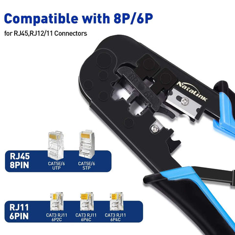 RJ45 Crimp Tool Kit For Ethernet Cabling With Network Cable Tester Wire Cutter Pliers Mini Cable Stripper And 50 Cat5e Connectors displayed with RJ45 and RJ11 compatibility