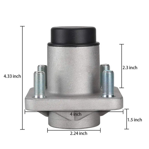 Straight Up Heavy Duty Front Wheel Hub Assembly For Ezgo Rxv Golf Carts 2008 Plus shown with dimensions and metal finish.