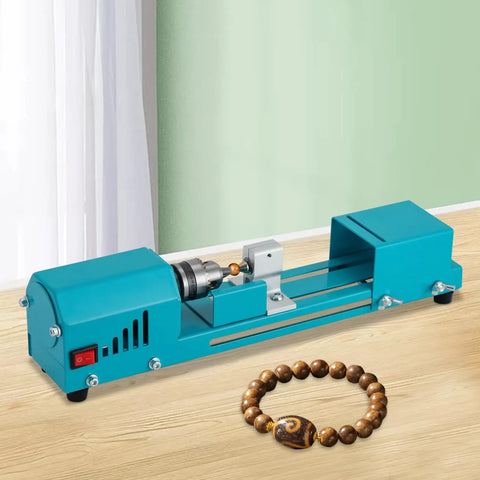 Ridiculously Tight Compact Mini Lathe Machine With 150W Powerful Motor For Wood Beading Polishing And Precision Carving Hitting 9000 Rpms on workbench.