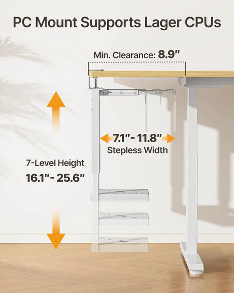 Illustration showing dimensions of Under Desk PC Mount, Beefy Heavy-Duty Adjustable CPU Holder For Standing Desk, supports large PCs.