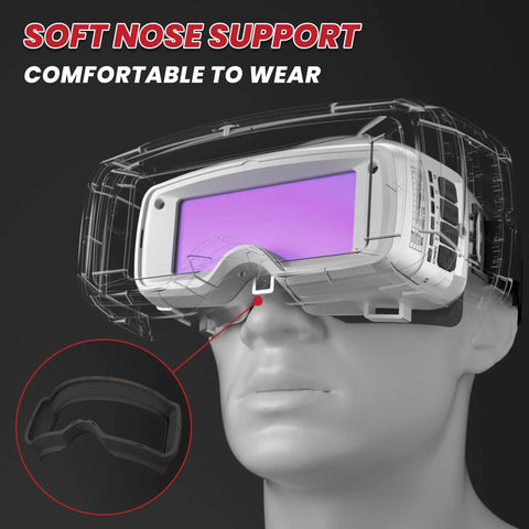 Auto Darkening Welding Goggles With True Color Vision Adjustable Shade displayed on transparent head with soft nose support.
