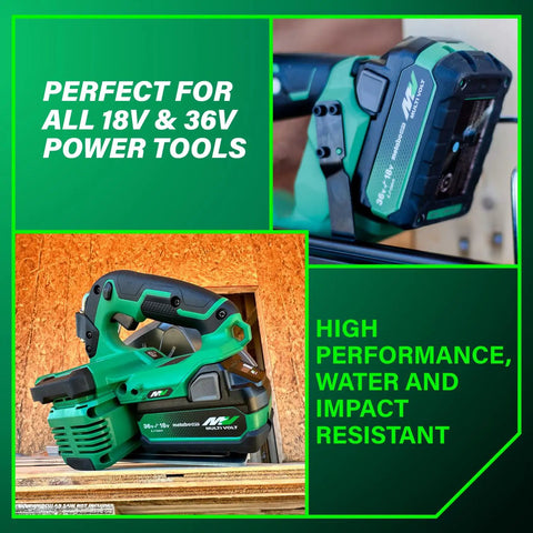 MultiVolt 18V 36V Lithium Ion Battery Pack With 5.0Ah For 18V Tools And 2.5Ah For 36V Tools shown with power tool, water resistant