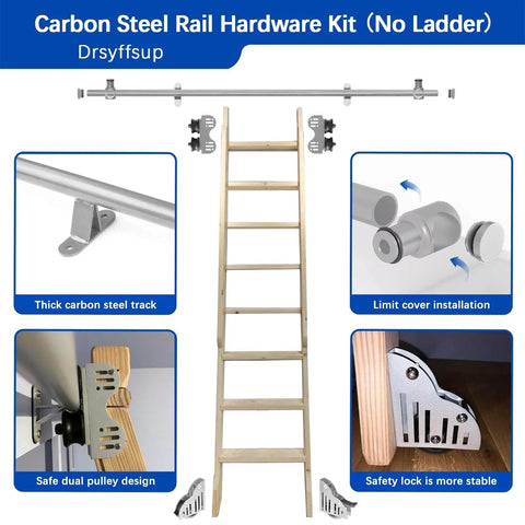 Sliding Barn Door Hardware Kit With Library Rolling Ladder Track Bracket System components displayed, no ladder, steel material.