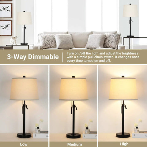 Bedside Table Lamps Set Of 2, Tall Black Nightstand Lamps For Living Room And End Tables, Height Adjustable 3-Way Dimmable