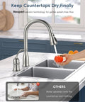 Two Hole Kitchen Faucet With Pull Down Sprayer in Brushed Nickel Finish Stainless Steel Body washing an orange