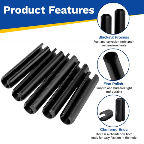 SAE Roll Pin Assortment Set, 248 Piece Set, close-up of slotted spring pins with black finish, highlighting durability.