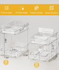 Slick Clear Under Sink Organizers And Storage Bins 2 Pack With High Low Design for bathroom cabinet, dimensions shown.