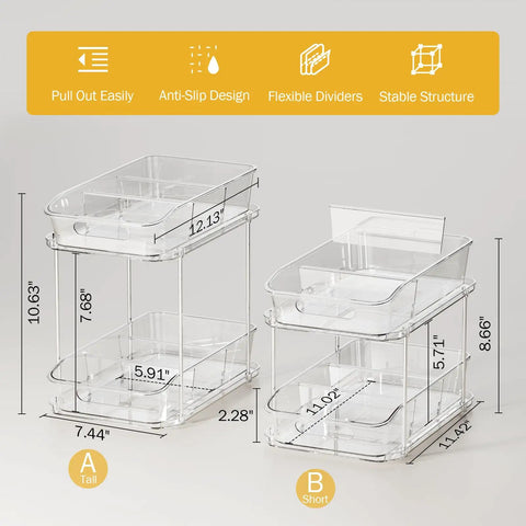 Slick Clear Under Sink Organizers And Storage Bins 2 Pack With High Low Design for bathroom cabinet, dimensions shown.