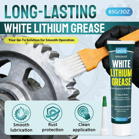 All-Purpose White Lithium Grease With Built-In Brush for smooth lubrication on gear, highlighting rust protection and clean application.