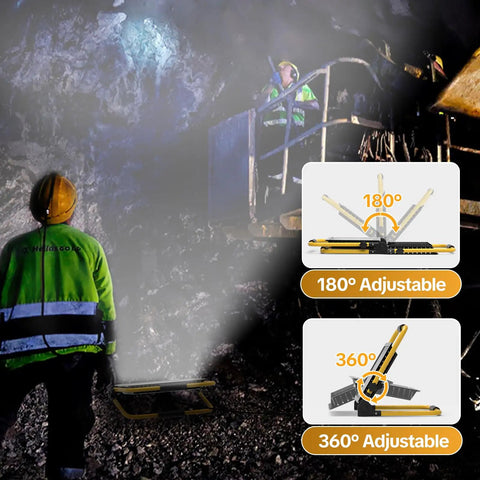 Powerful 3600 Lumen LED Work Light With 30W 6000K Flood Beam, IP66 Waterproof on job site, highlighting adjustable features.