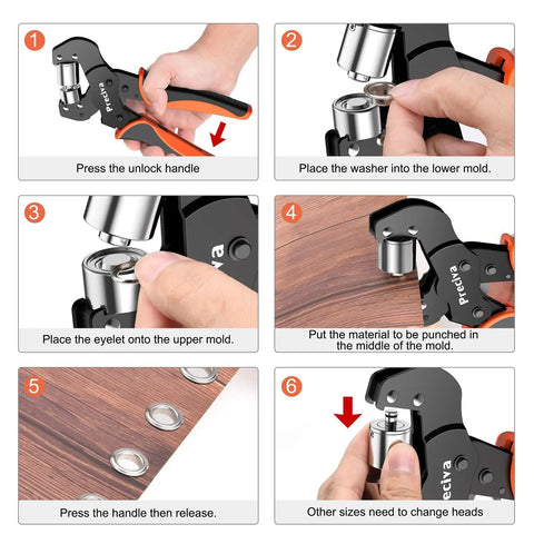 Step-by-step guide using Interchangeable Double Head Handheld Grommet Kit with 400 Silver Grommets for DIY projects.