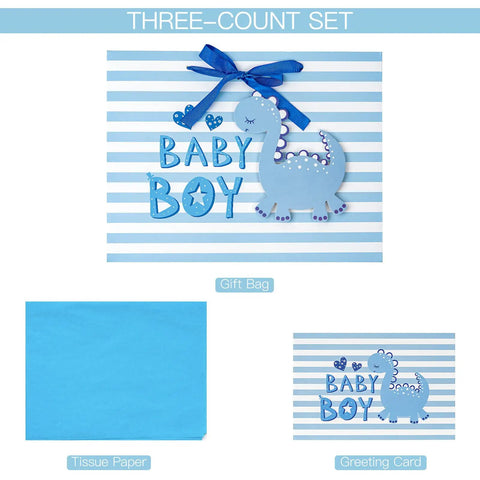 Blue Dinosaur Baby Boy Gift Bag with Tissue Paper and Greeting Card, durable ribbon handles, reinforced bottom, 13x10x5 inches.