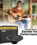 Woman playing guitar beside 15 Inch Guitar Speaker 220W RMS 450W Peak 4 Ohm With Y30 Ferrite Magnet for PA and amp cabinets.
