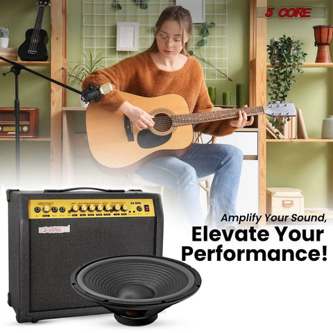 Woman playing guitar beside 15 Inch Guitar Speaker 220W RMS 450W Peak 4 Ohm With Y30 Ferrite Magnet for PA and amp cabinets.