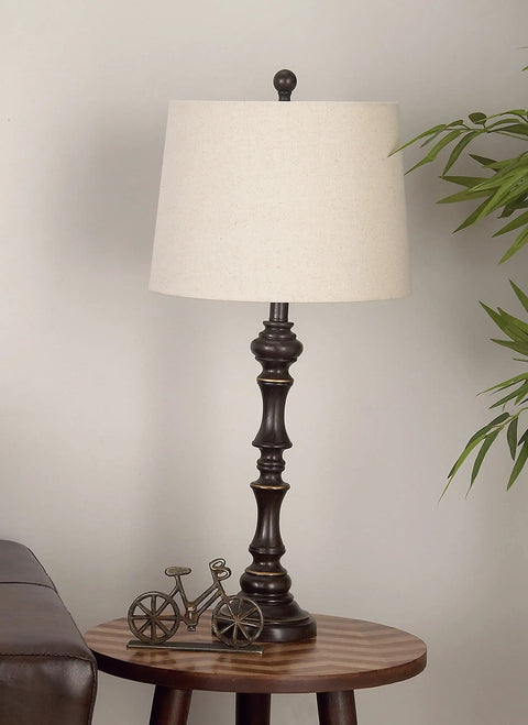 Polystone Floor Lamps Set Of 3 With Drum Shades In Brown Finish, Traditional Trapezoid Silhouette, 30 Inch Lamp, Cream Linen Shade