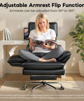 Person sitting cross-legged on Big And Tall Leather Office Chair For Heavy Duty Comfort, 400 Lb Capacity, Flip Armrests, Foot Rest, Black