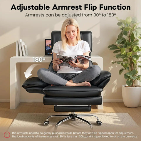 Person sitting cross-legged on Big And Tall Leather Office Chair For Heavy Duty Comfort, 400 Lb Capacity, Flip Armrests, Foot Rest, Black