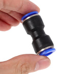 Super Cool 50pc Quick Connect Air Hose Fittings Kit For Pneumatic Tools Push To Plug Pvc Tubing Adapters 4mm To 12mm Outer Diameter Portable Repair Gear black plastic quick-connect fitting held between fingers
