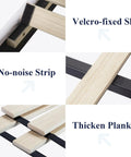 Components of Full Size Velvet Upholstered Bed Frame With Channel Tufted Headboard, highlighting Velcro-fixed slats and no-noise strip.