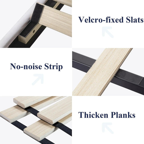 Components of Full Size Velvet Upholstered Bed Frame With Channel Tufted Headboard, highlighting Velcro-fixed slats and no-noise strip.