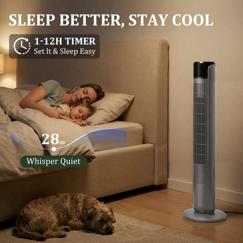 Ace Bladeless Tower Fan That Beats The Heat With Slick Indoor Cooling And Ultra Quiet Operation Featuring Five Speeds Sixty Degree Rotation Remote Control Settings And Led Display For Bedroom Or Home Office Chill Out Zones next to sleeping mother and child.