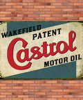 Badass Vintage Metal Tin Signs Retro Garage Wall Decor For Guys Classic Auto Shop Posters Gas Station Art Sweet Man Cave Must Haves Slick 5 Piece Set 8X12 Inch Castrol motor oil vintage wall sign on brick background.