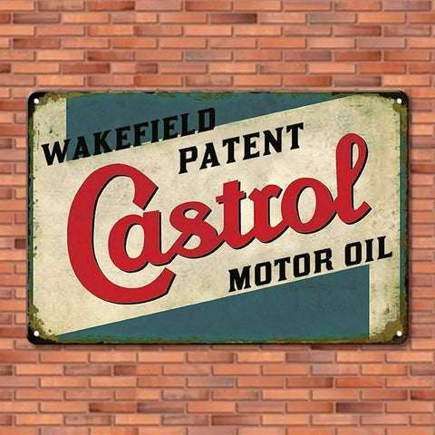 Badass Vintage Metal Tin Signs Retro Garage Wall Decor For Guys Classic Auto Shop Posters Gas Station Art Sweet Man Cave Must Haves Slick 5 Piece Set 8X12 Inch Castrol motor oil vintage wall sign on brick background.