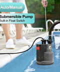 Half Horsepower Submersible Sump Pump With 2500 GPH Flow in pool, showing built-in float switch and cord.
