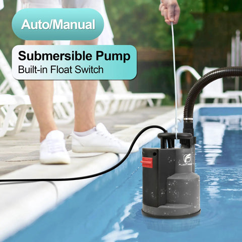 Half Horsepower Submersible Sump Pump With 2500 GPH Flow in pool, showing built-in float switch and cord.