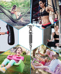 Beefed Up Hammock Chair Hanging Kit with Stainless Steel 304 Swing Hanger shown in various uses including swings and yoga silks.