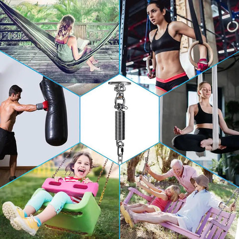 Beefed Up Hammock Chair Hanging Kit with Stainless Steel 304 Swing Hanger shown in various uses including swings and yoga silks.