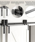 Close-up of Bypass Sliding Barn Door Hardware Kit For Double Wooden Doors On One Track 6.6 Ft Rail Combination Track Mode Overlap Space For Bypass Doors Fits 77 Inch Openings Easy Install showing wheels and rails on door.
