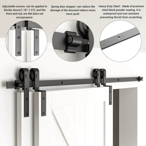 Close-up of Bypass Sliding Barn Door Hardware Kit For Double Wooden Doors On One Track 6.6 Ft Rail Combination Track Mode Overlap Space For Bypass Doors Fits 77 Inch Openings Easy Install showing wheels and rails on door.
