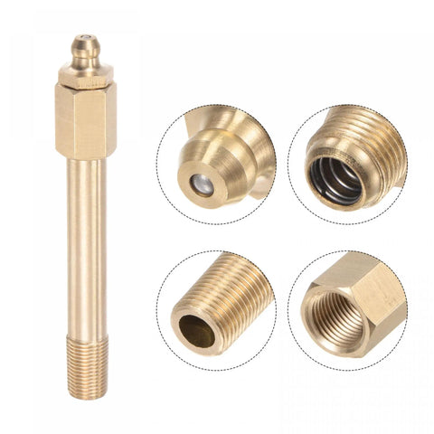 Close-up of Brass Straight Grease Fitting G1 8 Thread 80mm Length for Hydraulic Lubrication Tools showing details and thread.