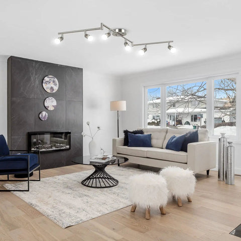 Living room with Six-Head LED Track Lighting Kit In Brushed Nickel With Adjustable Foldable Arms GU10 Base Ceiling Spotlights