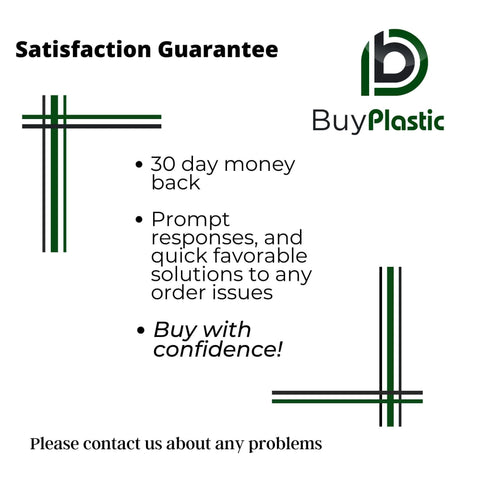 Satisfaction guarantee details and logo for BuyPlastic with 30-day money back policy.