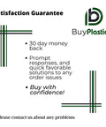 Satisfaction guarantee with BuyPlastic logo, 30-day money-back offer, prompt responses, and solutions for order issues.
