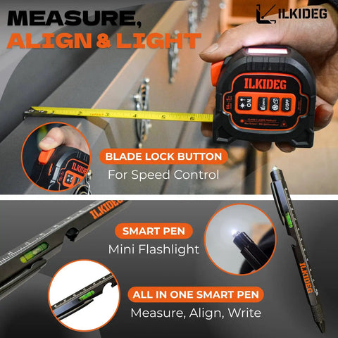 4-In-1 Digital Laser Tape Measure Multitool Pen With 196ft Laser Range And 16ft Tape Crosshair Line Laser Level Area Volume Pythagorean Calculator Handy Woodworking D I Y E D C Tool For Pros And Home Projects, black pen with tape and level