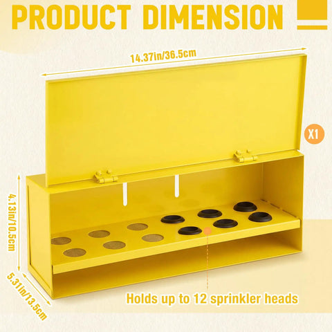 Heavy Duty Wall Mount Fire Sprinkler Head Storage Box Holds Twelve Heads Yellow Steel Cabinet with dimensions 14.37x5.31x4.13